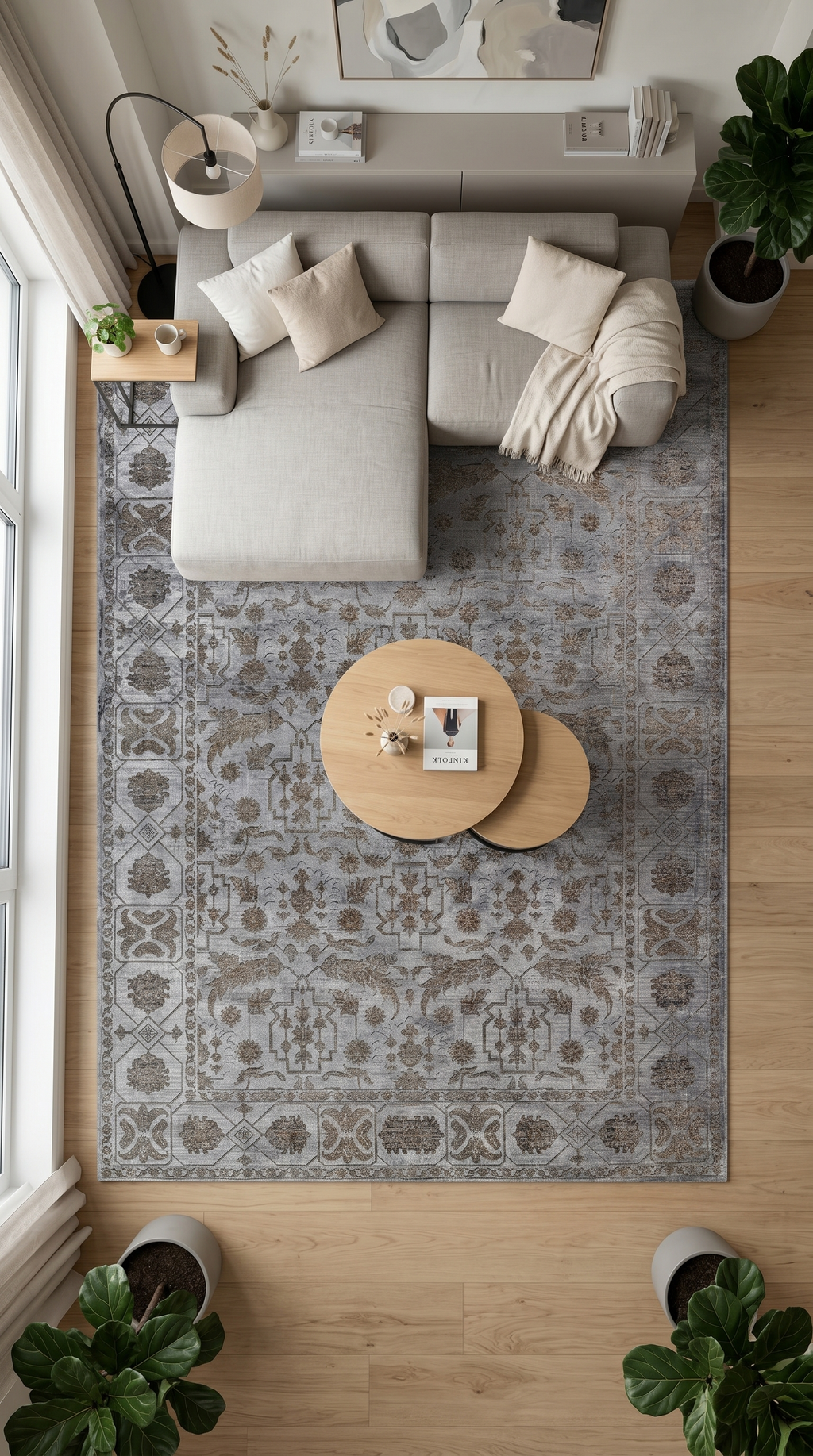 Atelier Duman Mavisi Gri eskitme desenli halı - salon