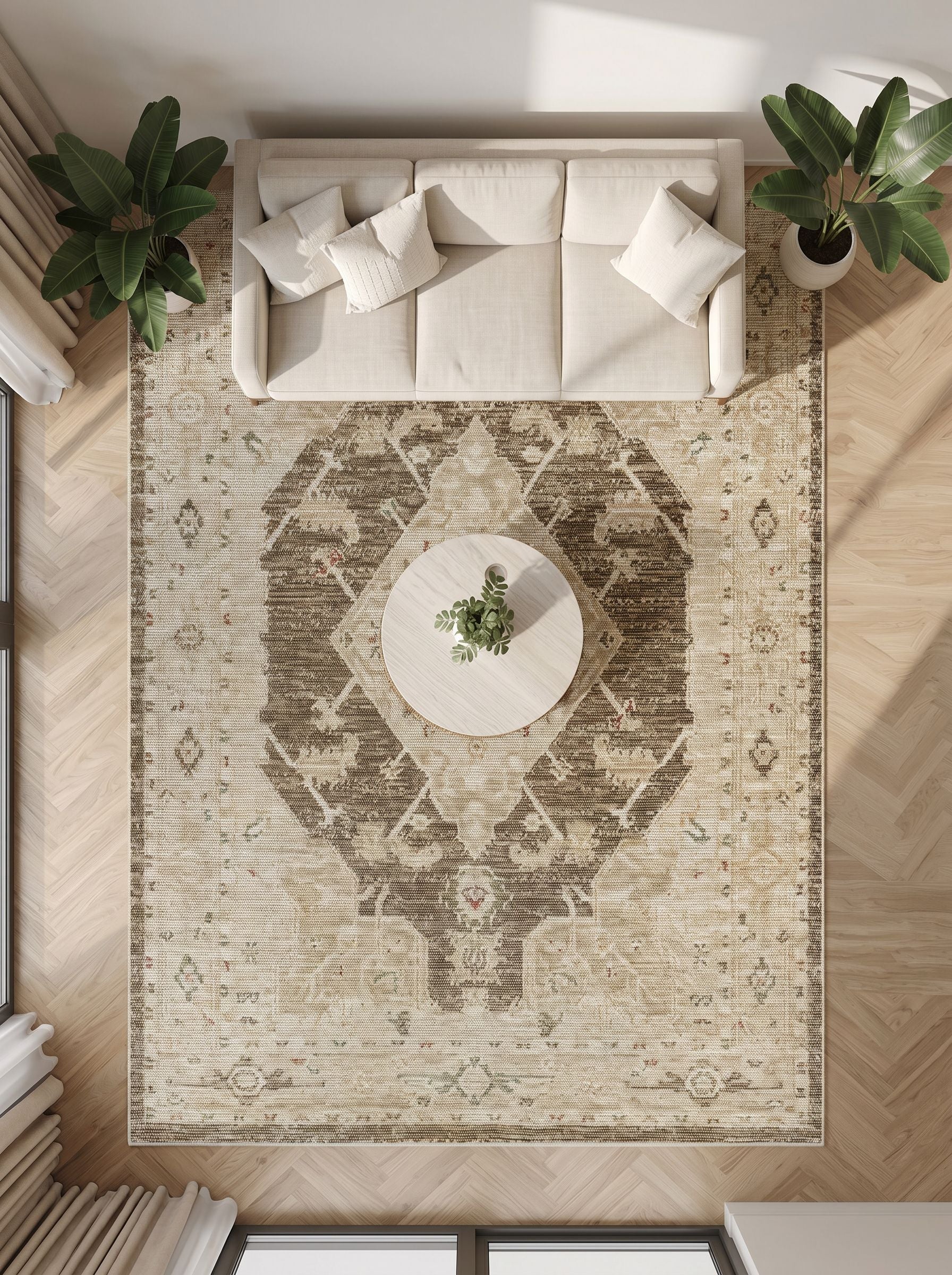 Antik Kahverengi Etnik Desenli Halı